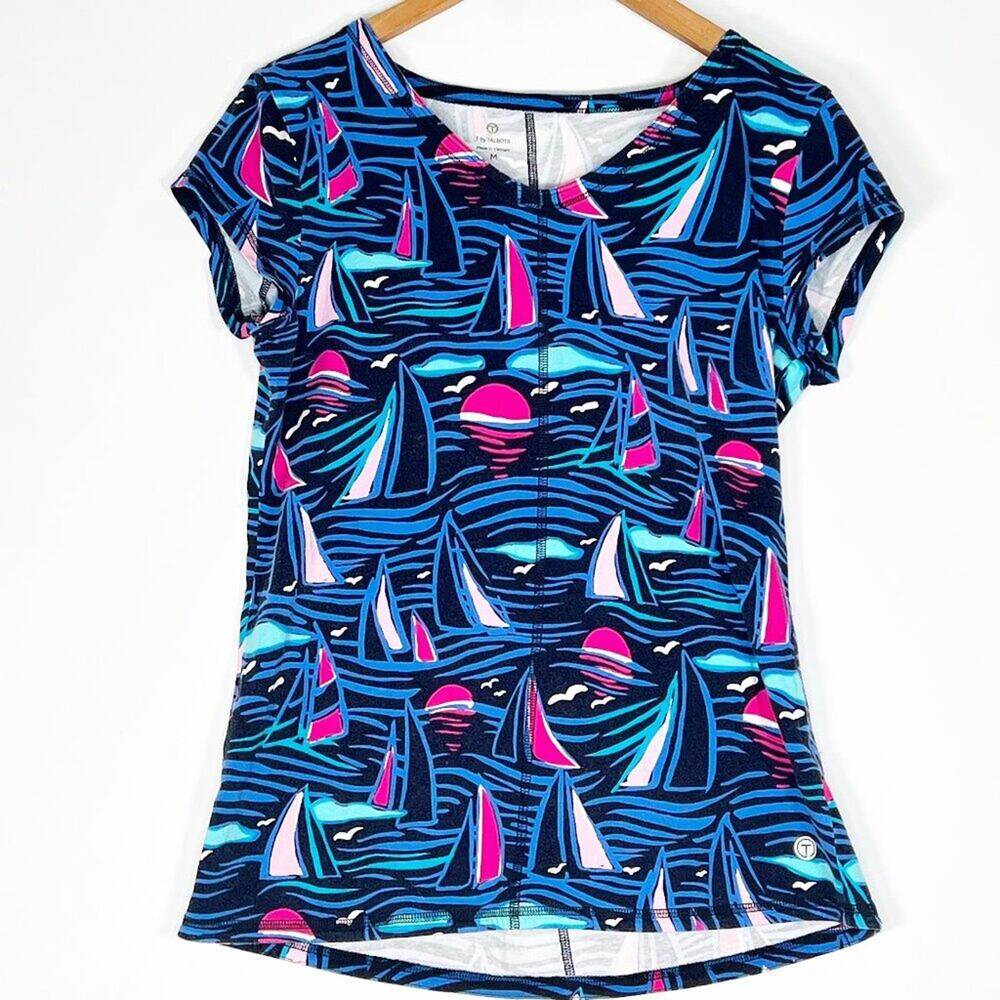 Talbots Sailboat Short Sleeve Knit Top Navy Blue Pink